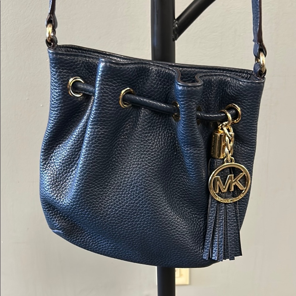 Michael Kors Navy Pebbled Leather Drawstring Crossbody with Gold MK Charm